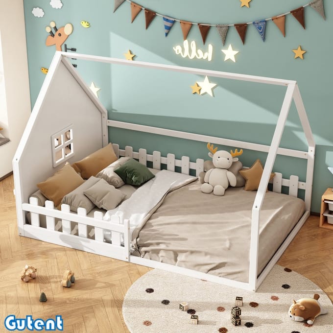 Gutent Kinderbed-140*200 cm-Huis lijst-rails-Pine-Wit-Geen matras