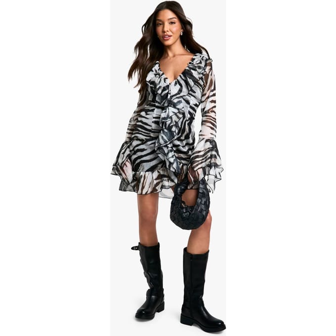 boohoo Dames Extreme Ruffle Chiffon Zebra Shift Jurk | Black | Maat: 10