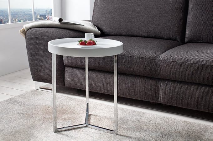 Extravagante bijzettafel  40cm wit chroom rond incl. Dienblad