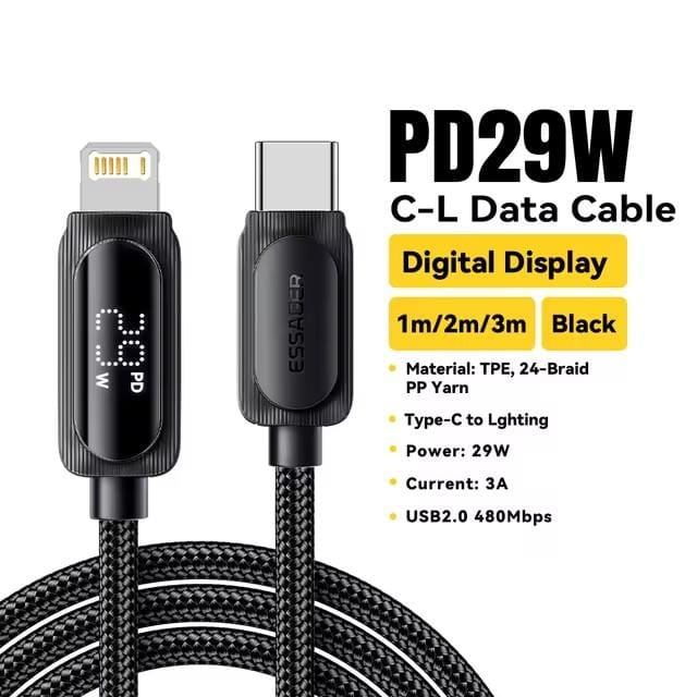 Essager USB-C kabel voor iPhone 14 13 12 11 Pro Max Xs met digitaal display, PD 29W snelladen, Type-C naar Lightning datakabel