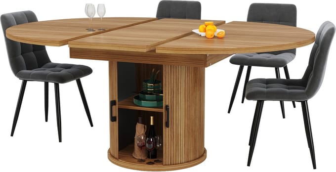 Notenkleur mdf uitschuifbare ronde eettafel met opbergruimte voor eetkamer 118-158cm
