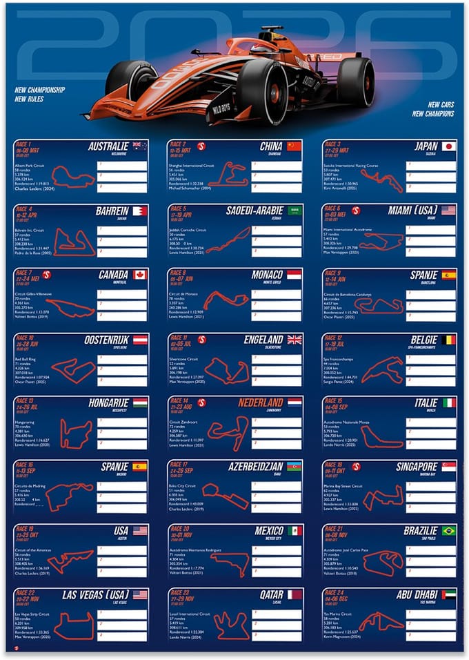 F1 Kalender 2026 Poster – Formule 1 Racekalender – Seizoensoverzicht – A3 - 29,7 × 42 cm