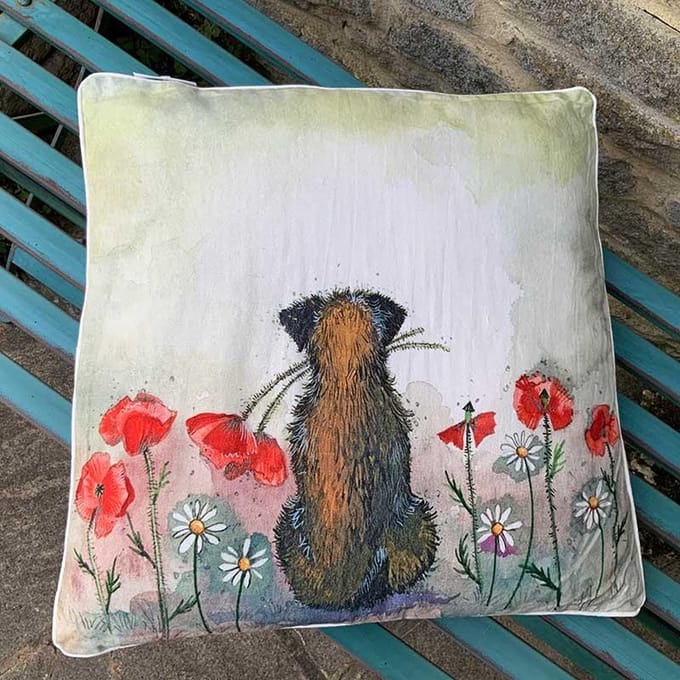 Sierkussen - Border & Poppies ~ Hond & Klaprozen - 45 Cm X 45 Cm