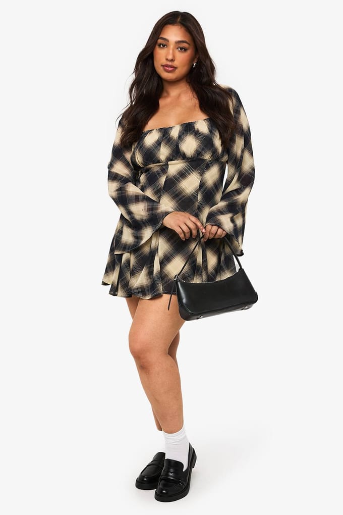 boohoo Dames Plus Check Godet Skater | Steen | Maat: 48
