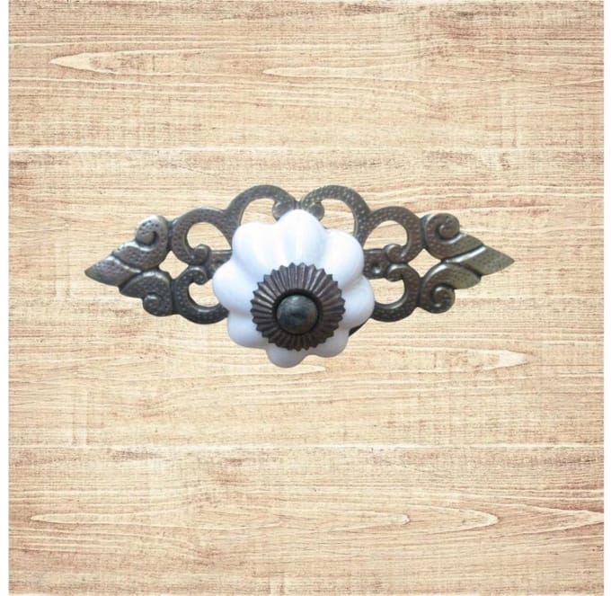 White Ceramic Cabinet Knob with Antique Brass Back Plate