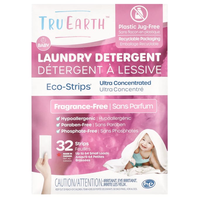 Tru Earth, Eco-Strips®, Wasmiddel, Zeer Geconcentreerd, Geurloos, Voor Baby's, 32 Strips pink