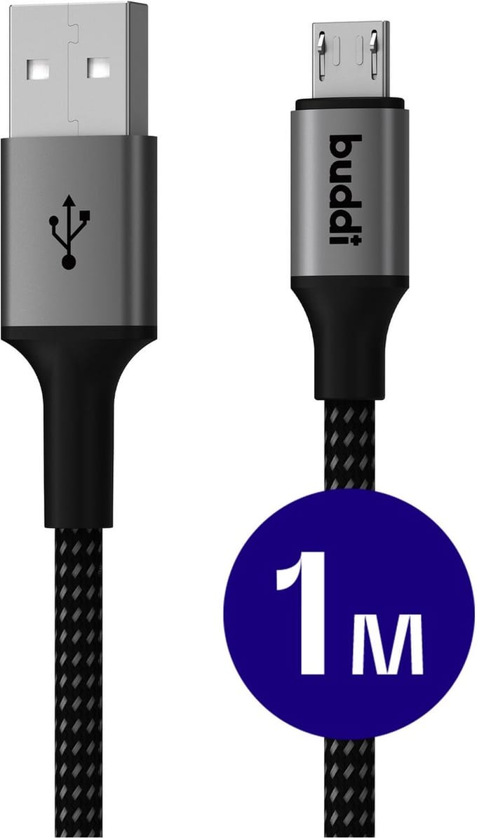 Buddi Flex | USB-A naar Micro-USB Kabel 12W Fast Charge 5V/2.4A | 480Mbps Dataoverdracht | Gevlochten Nylon | 1M | 1 Meter | Zwart