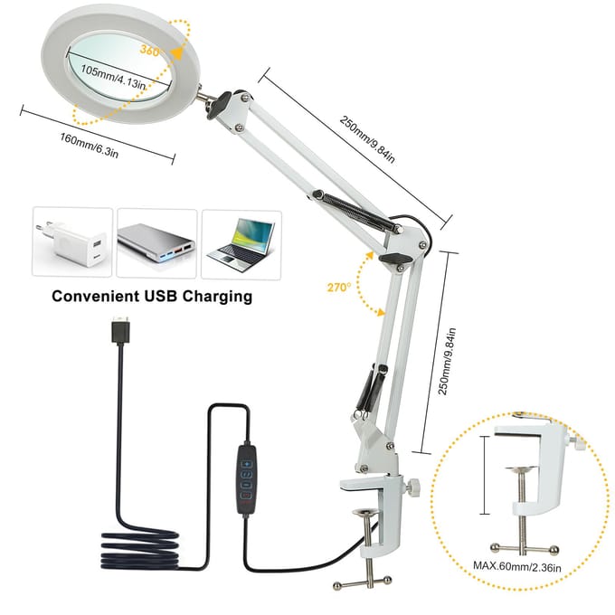 Neoglint Flexibele Klem Tafellamp met 8x Vergrootglas Zwenkarm Dimbare LED's Bureaulamp 3 Kleurstanden & 10 Helderheidsniveaus zwart