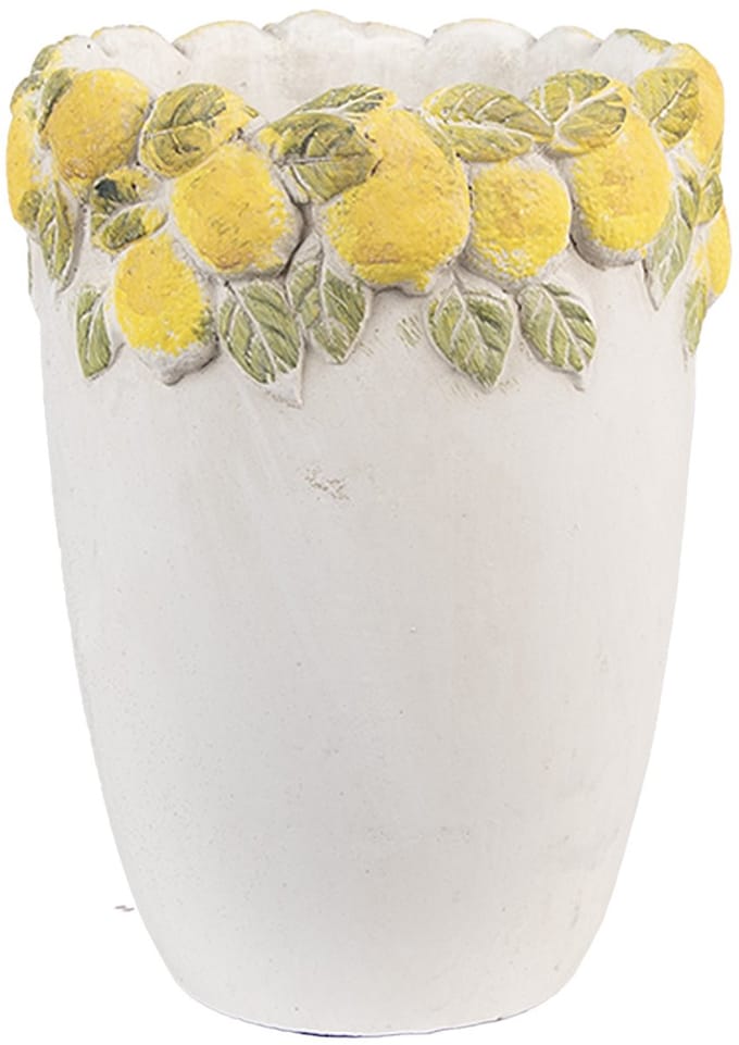 Clayre & Eef Bloempot Ø 13x17 cm Wit Geel Steen Citroenen