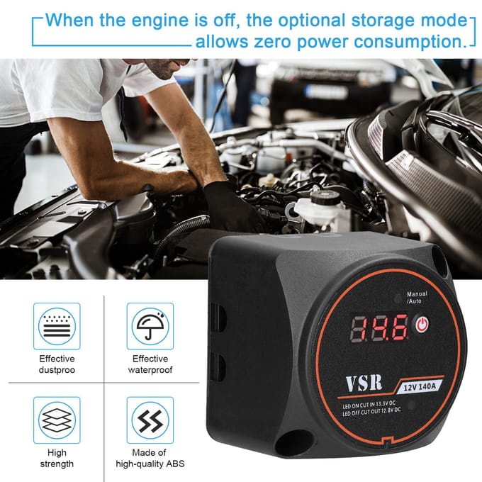 12 V 140A Dubbele batterij-isolator Batterij-isolatiecontroller Handmatige/automatische modi VSR-spanning zwart