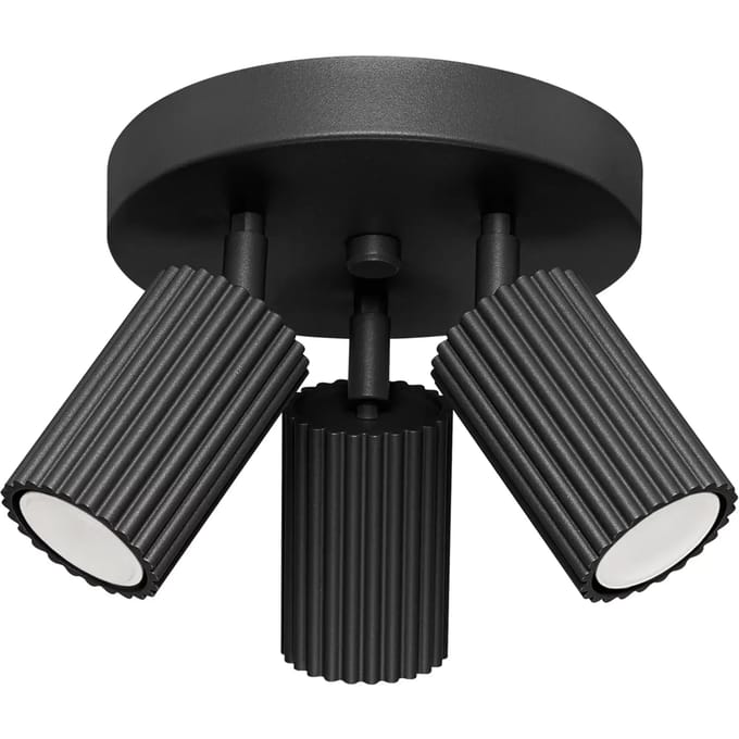 Plafondlamp KARBON 3P met 3 geribbelde spots op ronde basis - Sollux Lighting - IP20 - Zwart aluminium behuizing - 19.5 x 19.5 x 18 cm - 3 x GU10 LED, exclusief lichtbron - 3 x 10 W - Minimalistische plafondlamp voor hal, kinderkamer en woonkamer