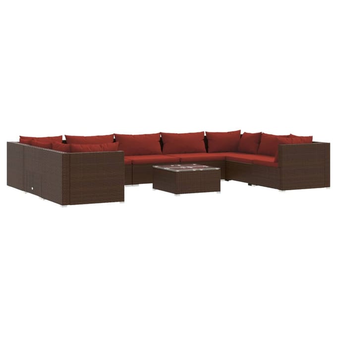 vidaXL - 10-delige - Loungeset - met - kussens - poly - rattan - bruin