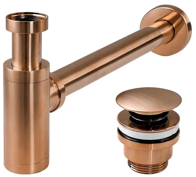 Rea - Wastafel Sifon Met Klik-klik Plug Copper Mat - 33,5 x 7 x 21 cm