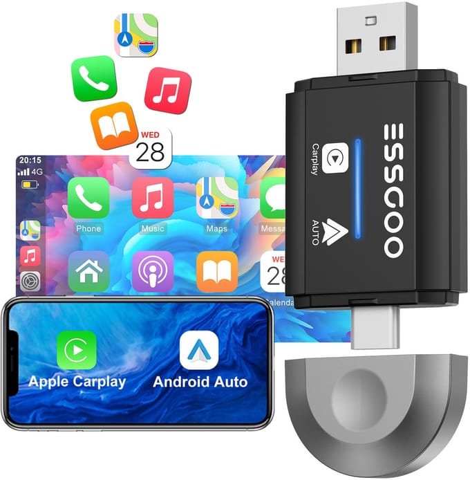 ESSGOO 2-in-1 Mini CarPlay Dongle - USB-A - USB-C - Draadloos CarPlay & Android Auto - Android Auto Dongle - Zwart