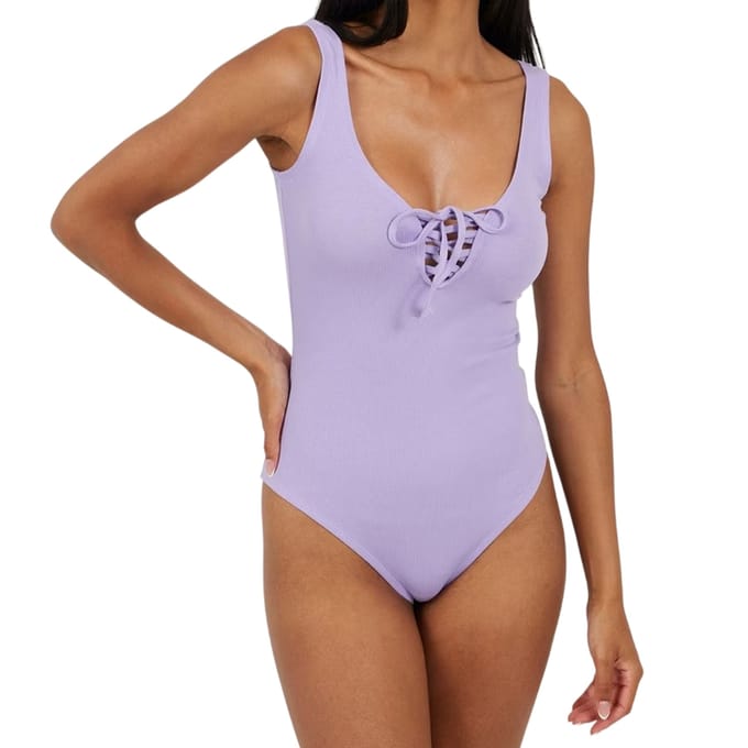 Brave Soul Dames Kanten Bodysuit met Veters (Violet)