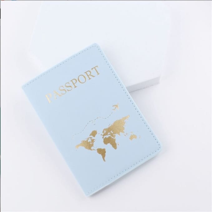 Wereldkaart Premium Lederen Paspoorthoes - Paspoorthouder - Paspoort Protector - Blauw