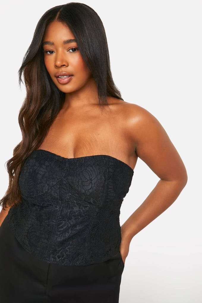 boohoo Dames Plus Bandeau Kanten Korset Top | Zwart | Maat: 54