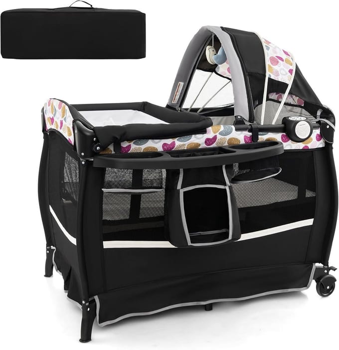 Multifunctioneel Opvouwbaar Babybed met Montessori Speelgoed en Aankleedtafel