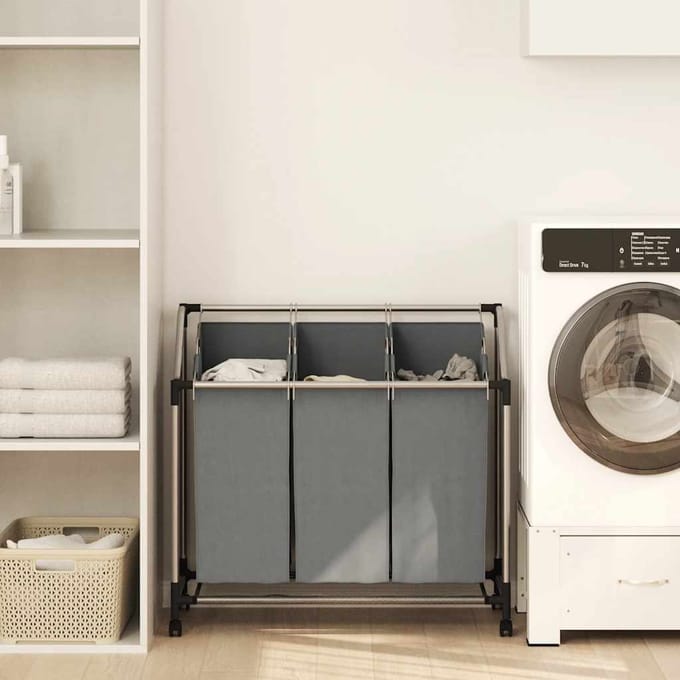 vidaXL - Wasmand - met - wielen - 3 - vakken - grijs