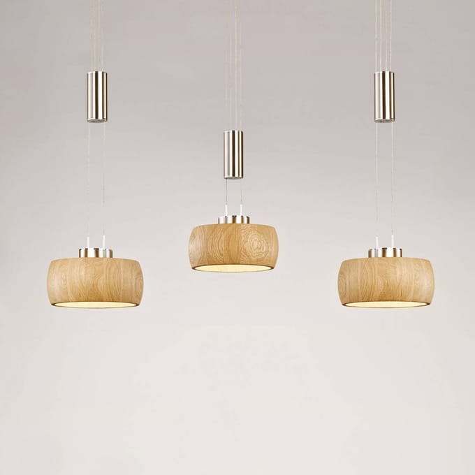 FISCHER & HONSEL LED hanglamp Shine-Wood, eiken/nikkel, lengte 100 cm 3-lamps.