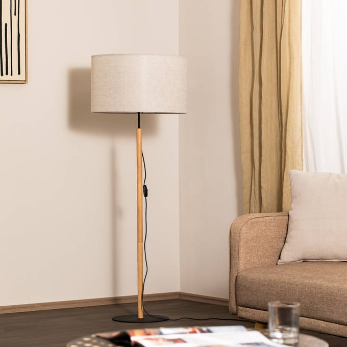 TK Lighting Vloerlamp Deva Nature, textiel, hout