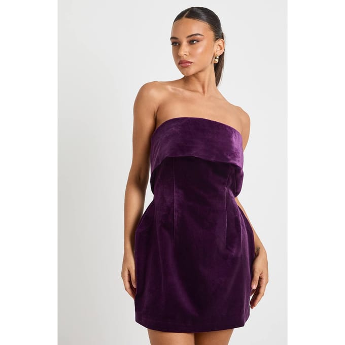 boohoo Dames Velvet Bardot Crepe Jurk | Pruim | Maat: 36