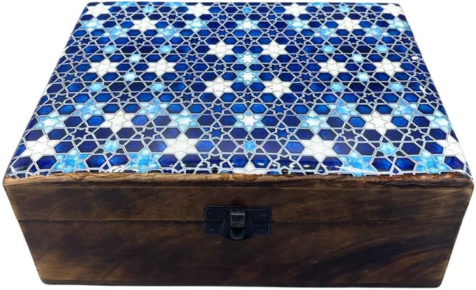 Large Ceramic Glazed Wood Box - 20x15x7.5cm - Blue Stars