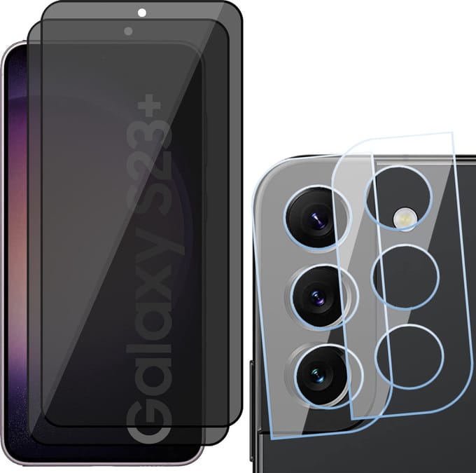 Privacy Screenprotector geschikt voor Samsung Galaxy S23 Plus - 2x Camera Lens Screen Protector & 2x Glas Screen Protector FullGuard