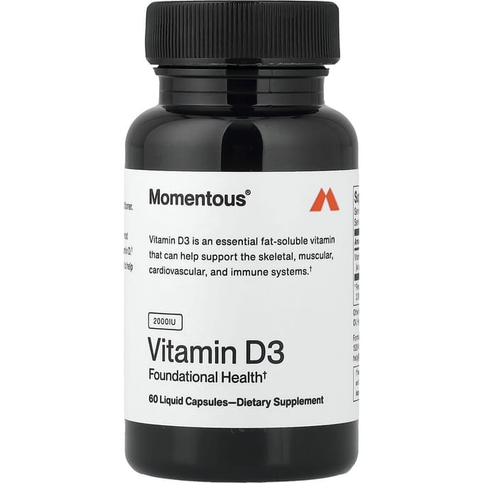 Momentous, Vitamine D3, 50mg (2 000 UI), Capsules Liquides, 60 Comprimés