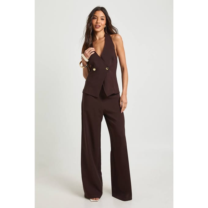 boohoo Dames Gouden Knoop Wikkel Jumpsuit | Chocoladebruin | Maat: 42