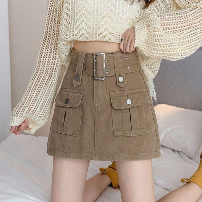 Workwear Denim Rok Dames Hoge taille A-lijn Billenrok XL kaki