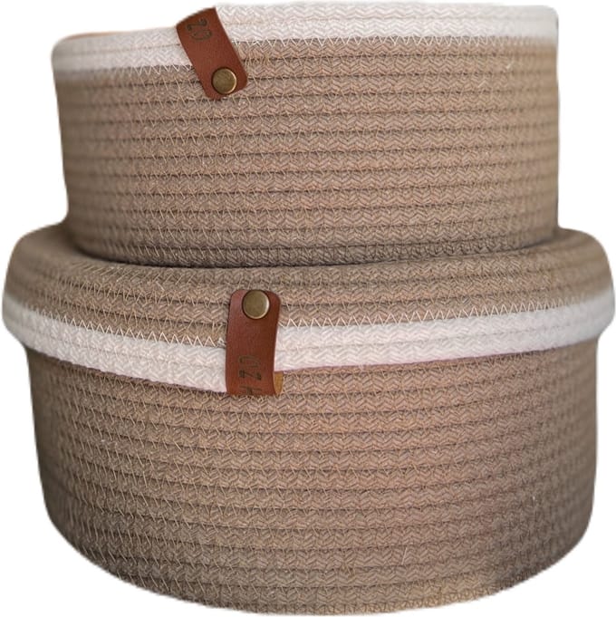 OZ Home - 2-delige Mandenset met Deksel - Beige/Wit - Duurzaam & Functioneel - Voor Compacte Opslag en Decoratie