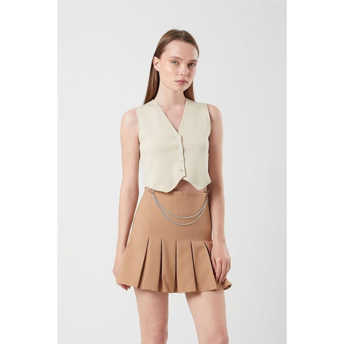 Hoge Taille Plissé Minirok met Kettingdetails