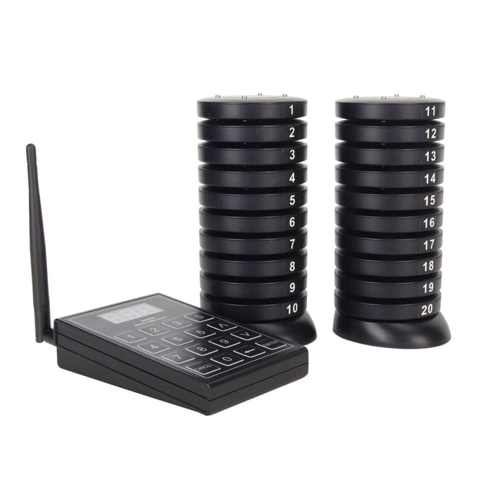 Draadloos Gastoproepsysteem Systeem met Lange Afstand met Zender en 20 Pagers voor UK PLUG black