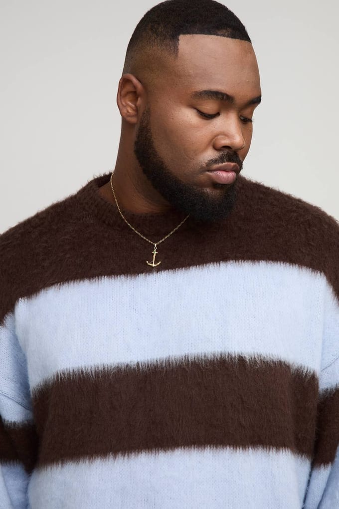Plus Oversized Boxy Crew Neck Brushed Knit Chunky Stripe Jumper | Chocolate | Size 2XL