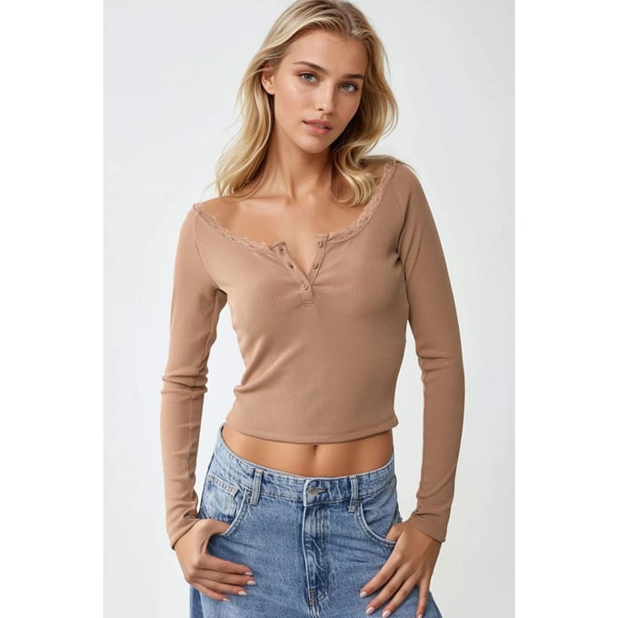 Slim Fit Kanten Details Lange Mouwen Top