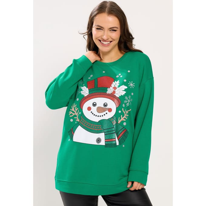 Yours Groen Sweatshirt Met Glitters En Sneeuwpop Size 54-56