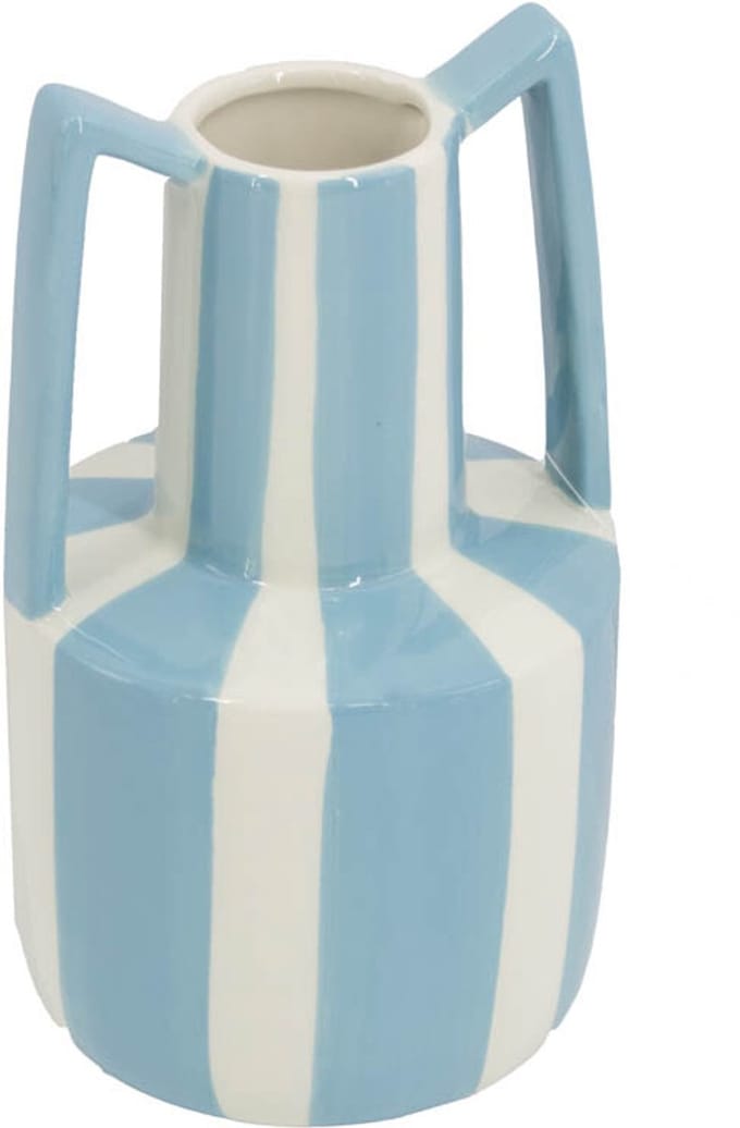 HomeBound by KY | Aardewerk vaas met oren stripe light blue | bloemenvaas gestreept