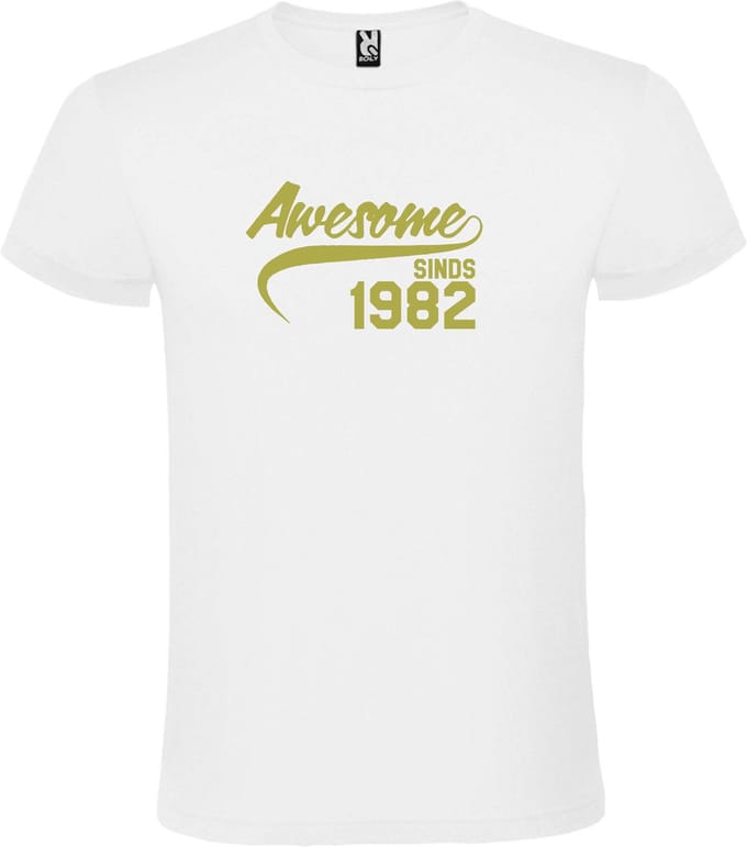 Wit T-shirt ‘Awesome Sinds 1982’ Goud Maat M