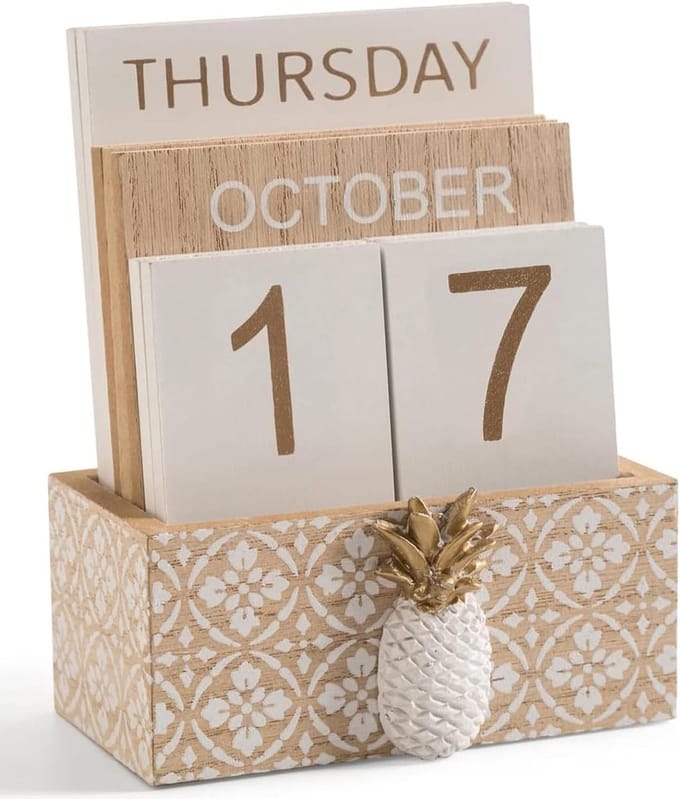 Houten Eeuwigdurende Kalender voor Bureau - Datum, Week en Maand Weergave