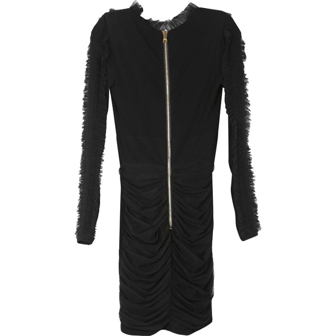 Balmain Zwarte Viscose Met Rimpelige Tule Accentuerende V-Hals Lange Mouwen Mini Jurk