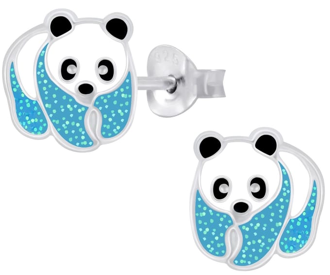 Joy|S - Zilveren Panda oorbellen - glitter blauw
