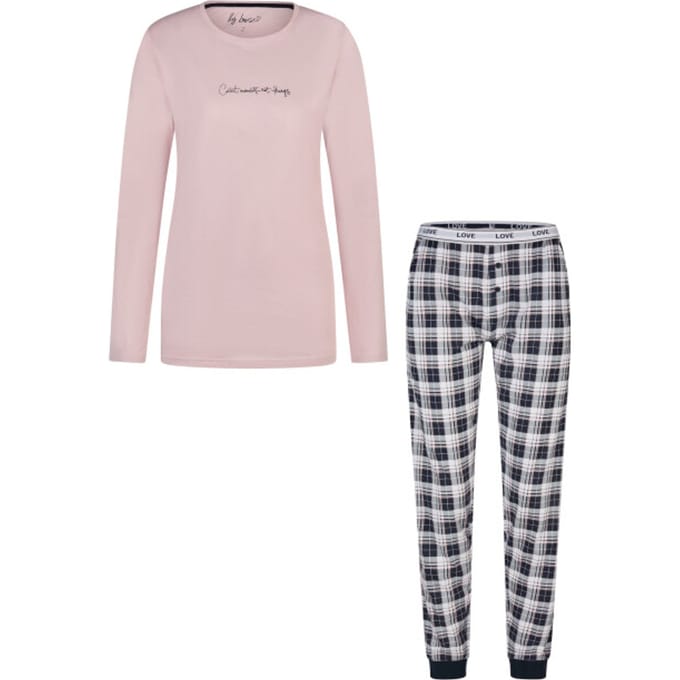 By Louise Dames Pyjama Set Lang Roze/Donkerblauw Geruit - Maat M
