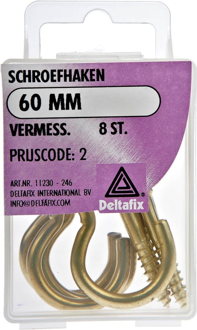 Deltafix Schroefhaken - 8x - vermessingd metaal - 60 mm - ijzerwaren bevestigsmaterialen