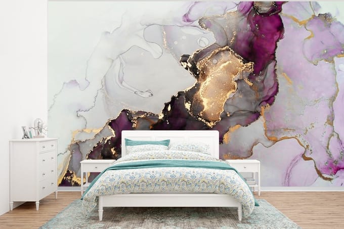 Behang - Fotobehang Marmer - Abstract - Goud - Paars - Breedte 295 cm x hoogte 220 cm