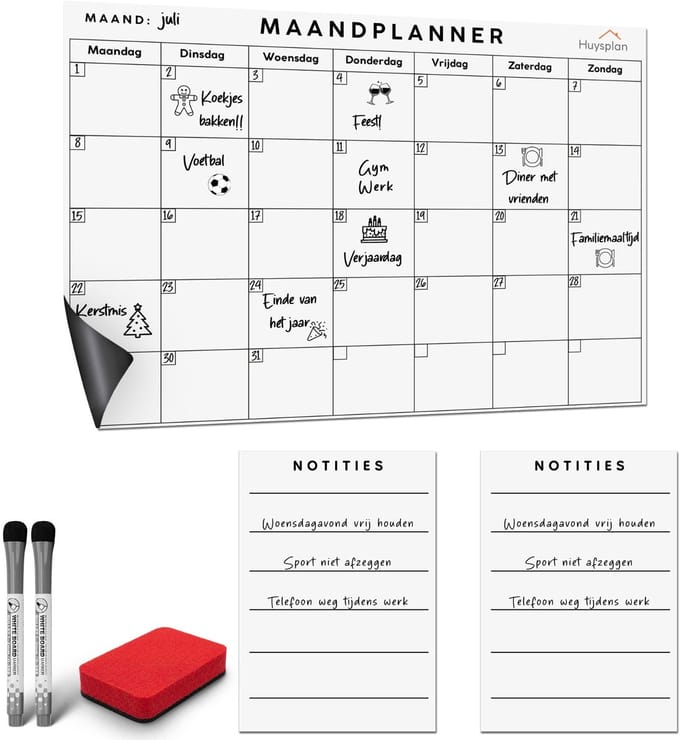Huysplan® - A4 Maandplanner - Zelf plakkend - Sticky planner - Inclusief pennen en wisser