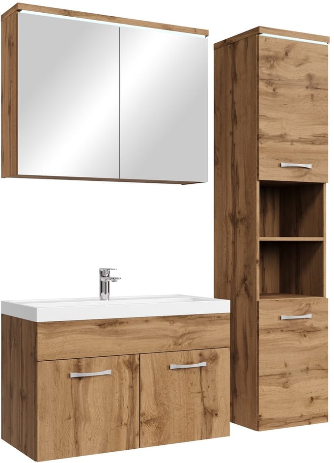Badplaats Badkamermeubel Set Paso 80 x 40 cm – Eiken – Badmeubel met Spiegelkast en Zijkast