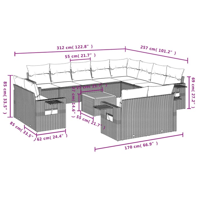 vidaXL - 13-delige - Loungeset - met - kussens - poly - rattan - grijs