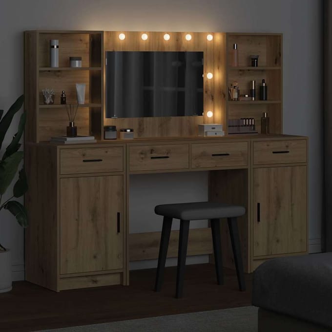 vidaXL - Dressing - tafel - set - met - LED - 3 - st - Artisan - Eiken - Bewerkt - hout