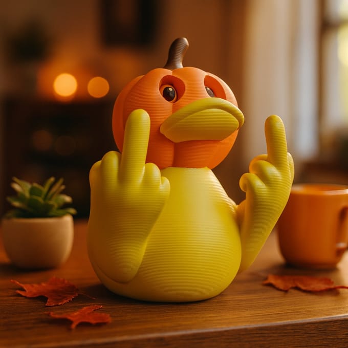AnimalsAttitude – Kleine Pompoen Eend met Middelvinger – 3D-geprint Halloween Beeldje – Whimsical Home Accessory